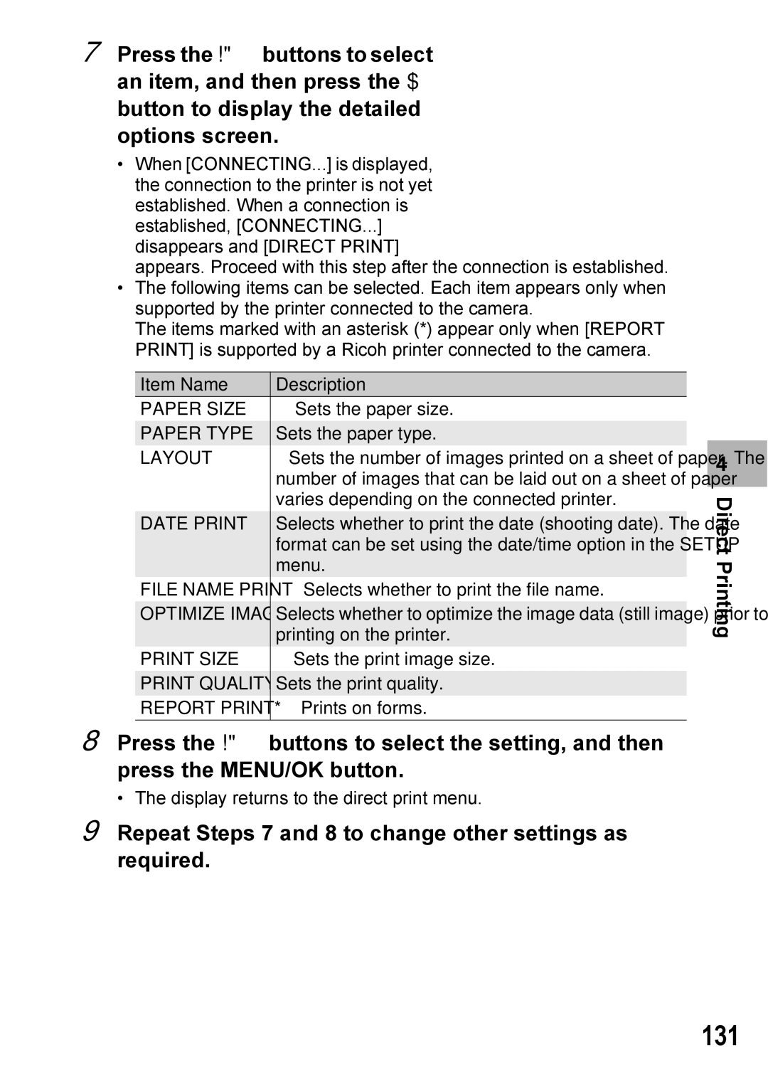 Ricoh GX100VF manual 131, Repeat Steps 7 and 8 to change other settings as required 