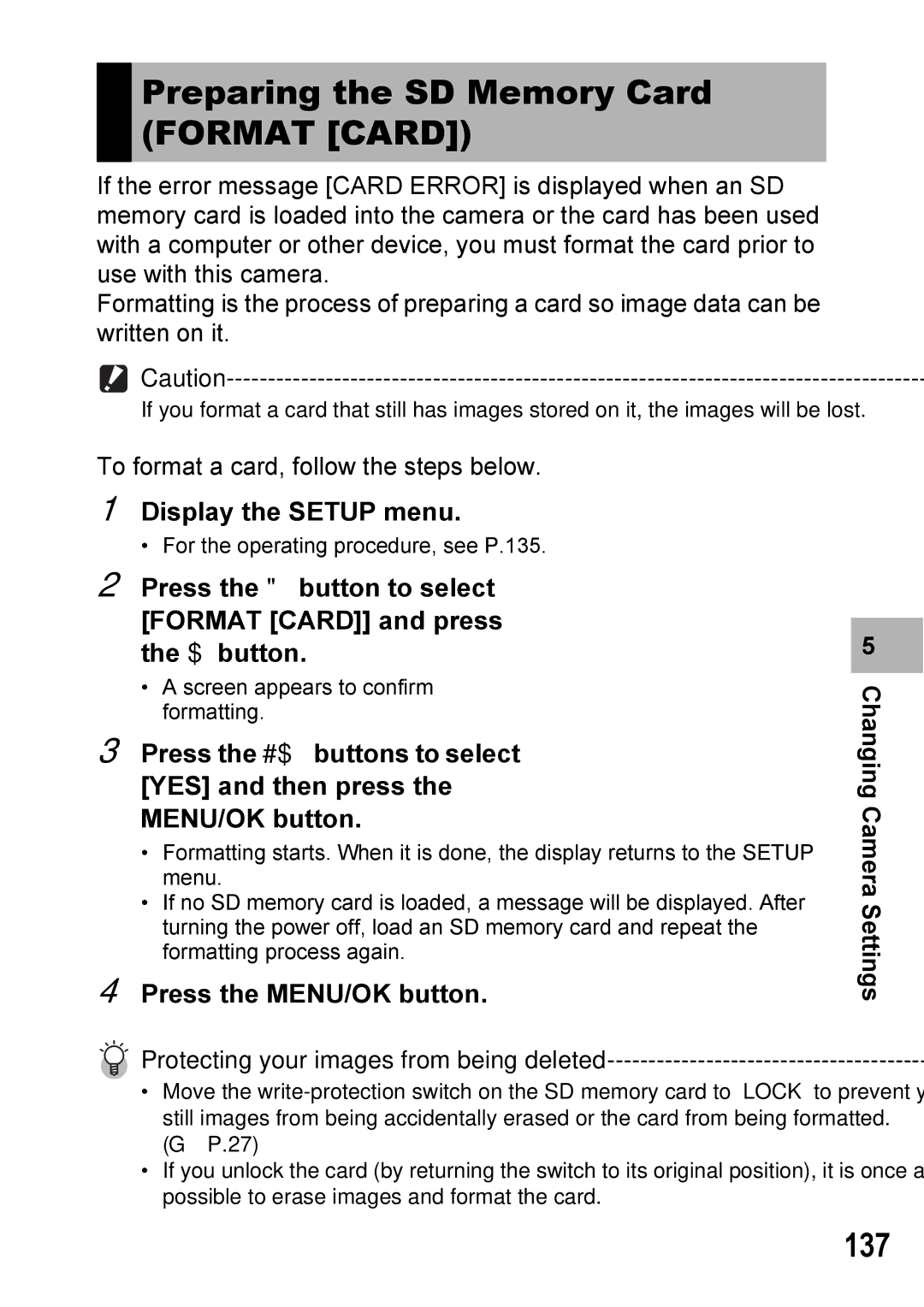 Ricoh GX100VF manual Preparing the SD Memory Card Format Card, 137 