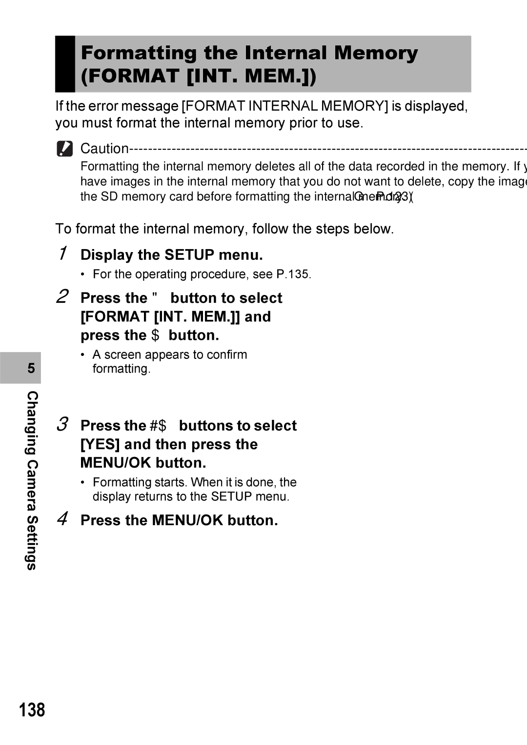 Ricoh GX100VF manual Formatting the Internal Memory Format INT. MEM, 138 