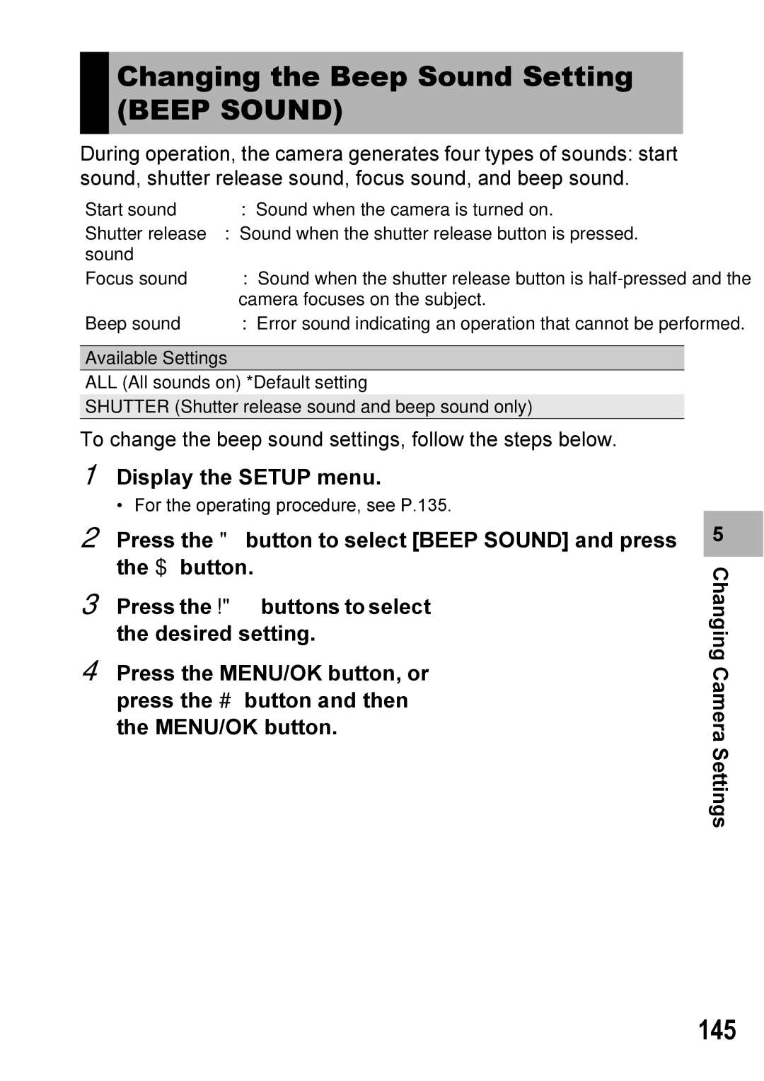 Ricoh GX100VF manual Changing the Beep Sound Setting, 145 