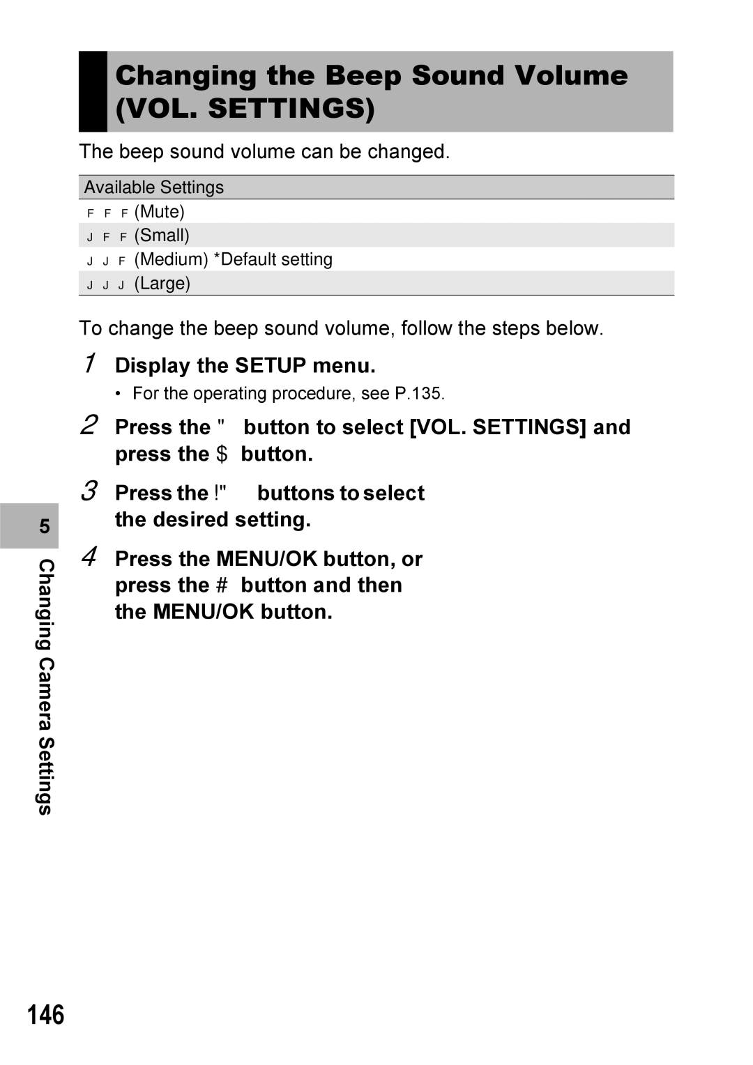 Ricoh GX100VF manual Changing the Beep Sound Volume VOL. Settings, 146 