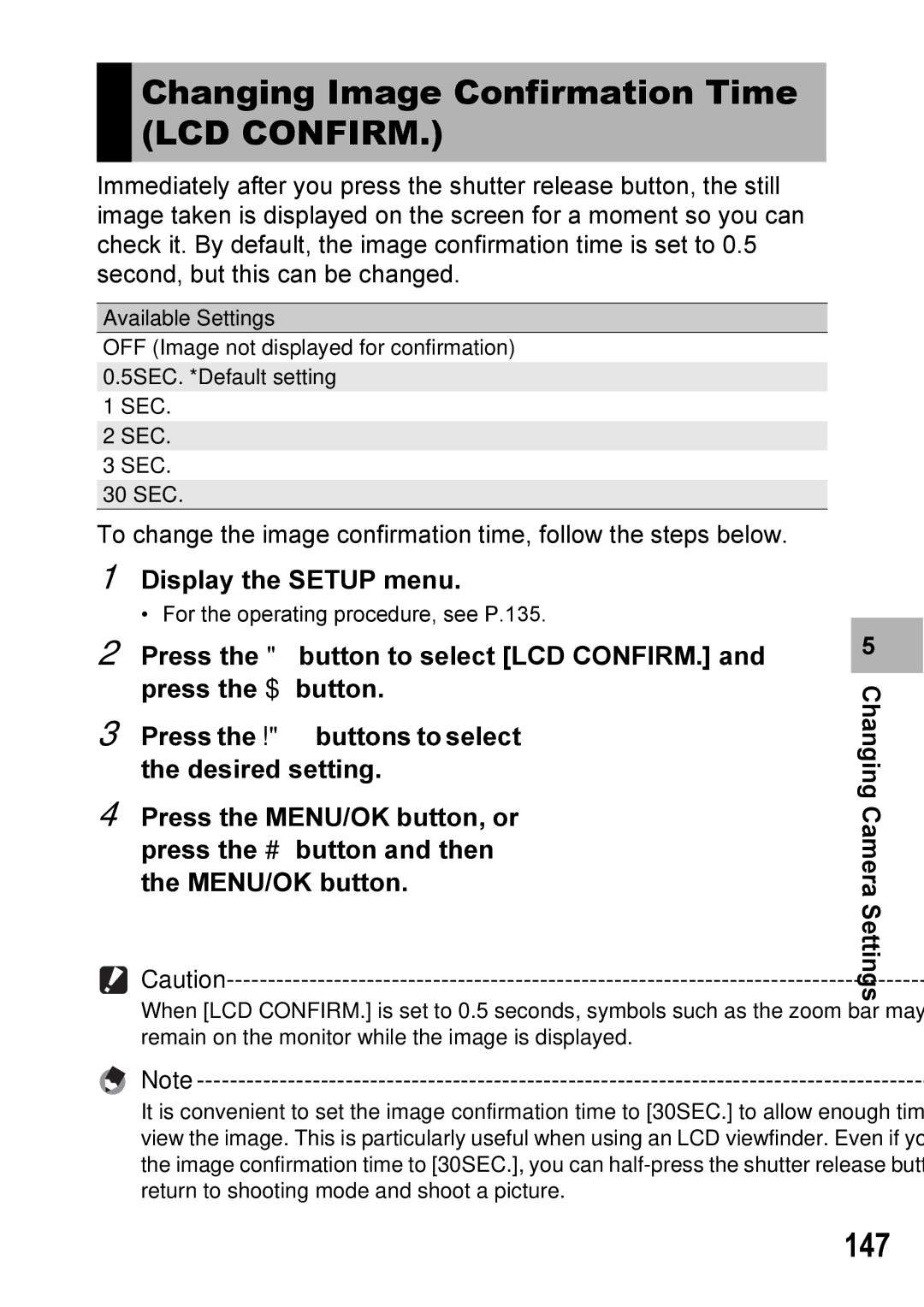 Ricoh GX100VF manual Changing Image Confirmation Time LCD Confirm, 147 