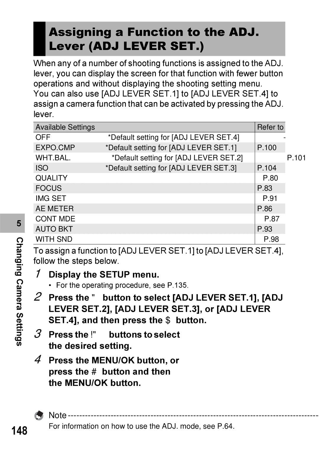 Ricoh GX100VF manual Assigning a Function to the ADJ. Lever ADJ Lever SET, 148 