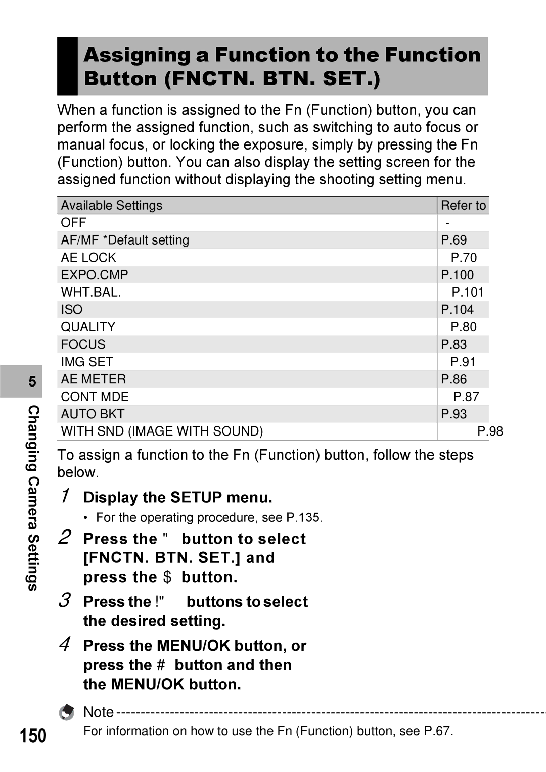 Ricoh GX100VF manual Assigning a Function to the Function Button FNCTN. BTN. SET, 150, AE Lock EXPO.CMP 