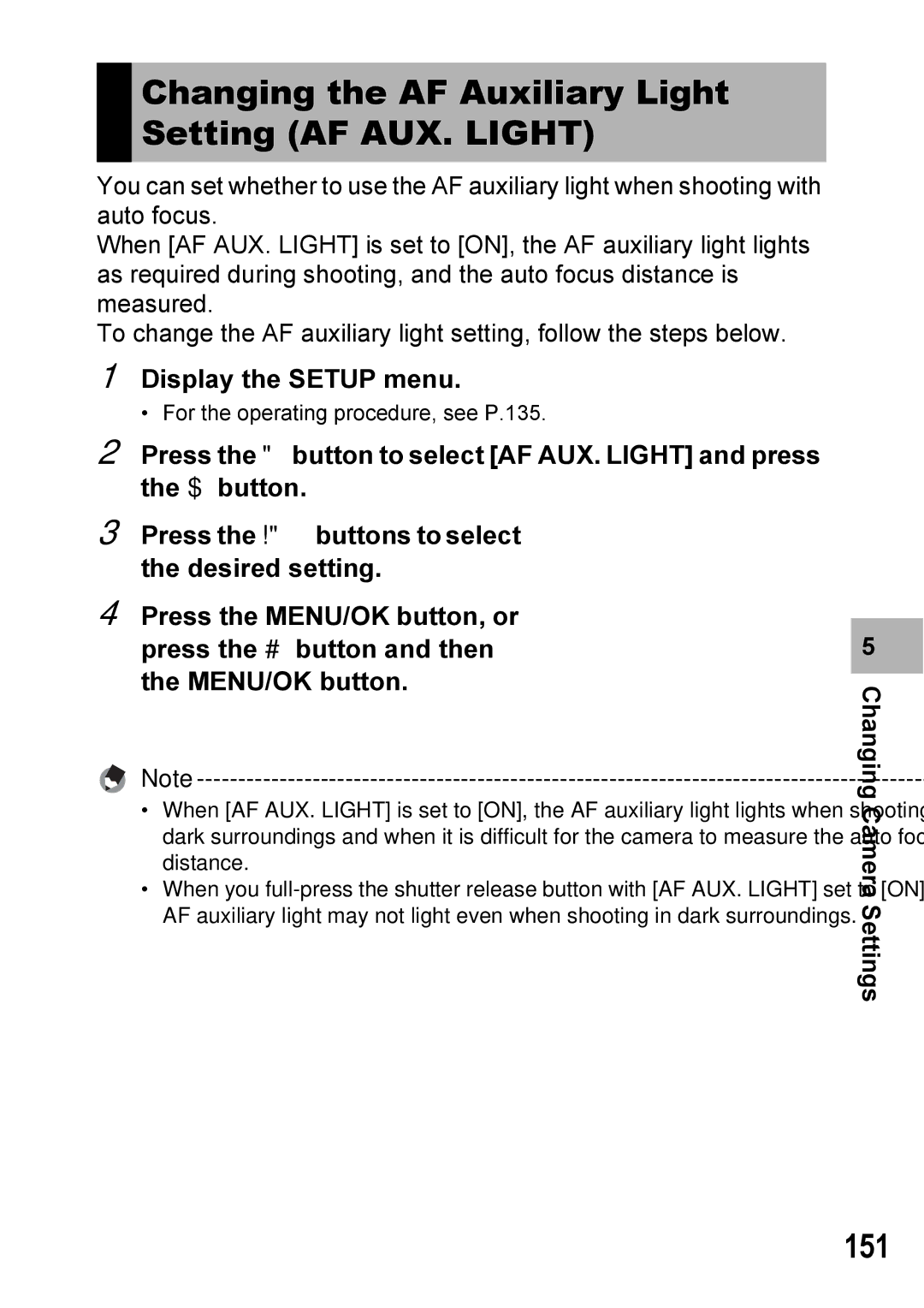 Ricoh GX100VF manual Changing the AF Auxiliary Light Setting AF AUX. Light, 151 