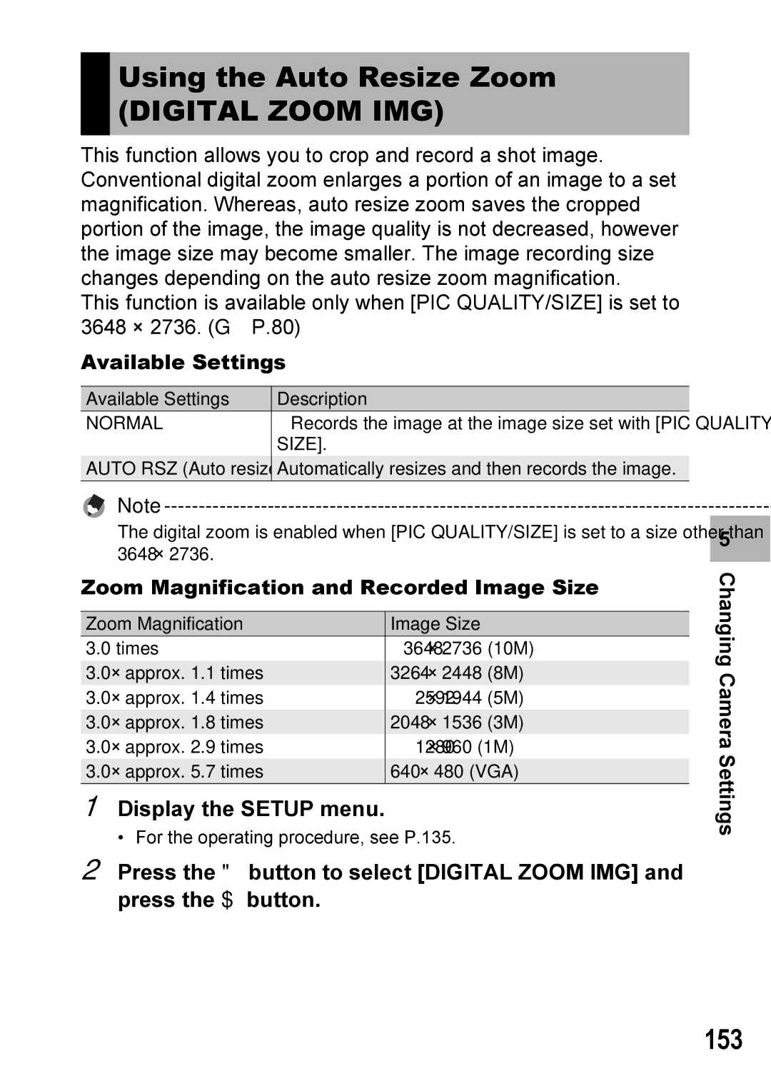 Ricoh GX100VF manual Using the Auto Resize Zoom, Digital Zoom IMG, 153, Available Settings 