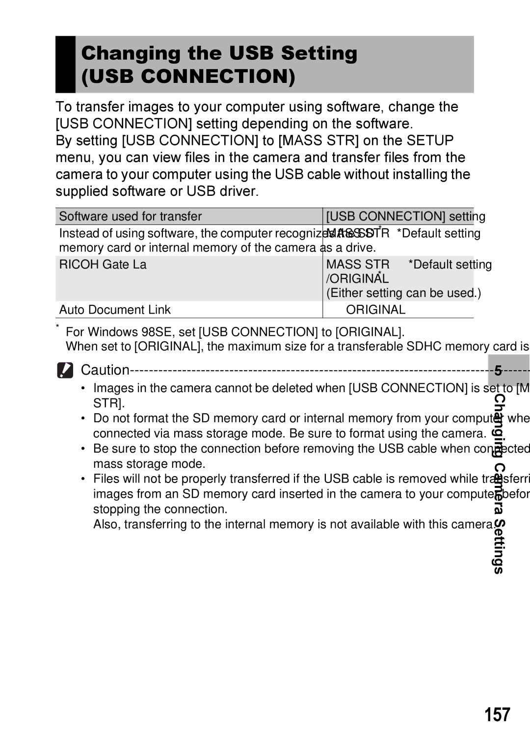 Ricoh GX100VF manual Changing the USB Setting, USB Connection, 157, Mass STR, Original 