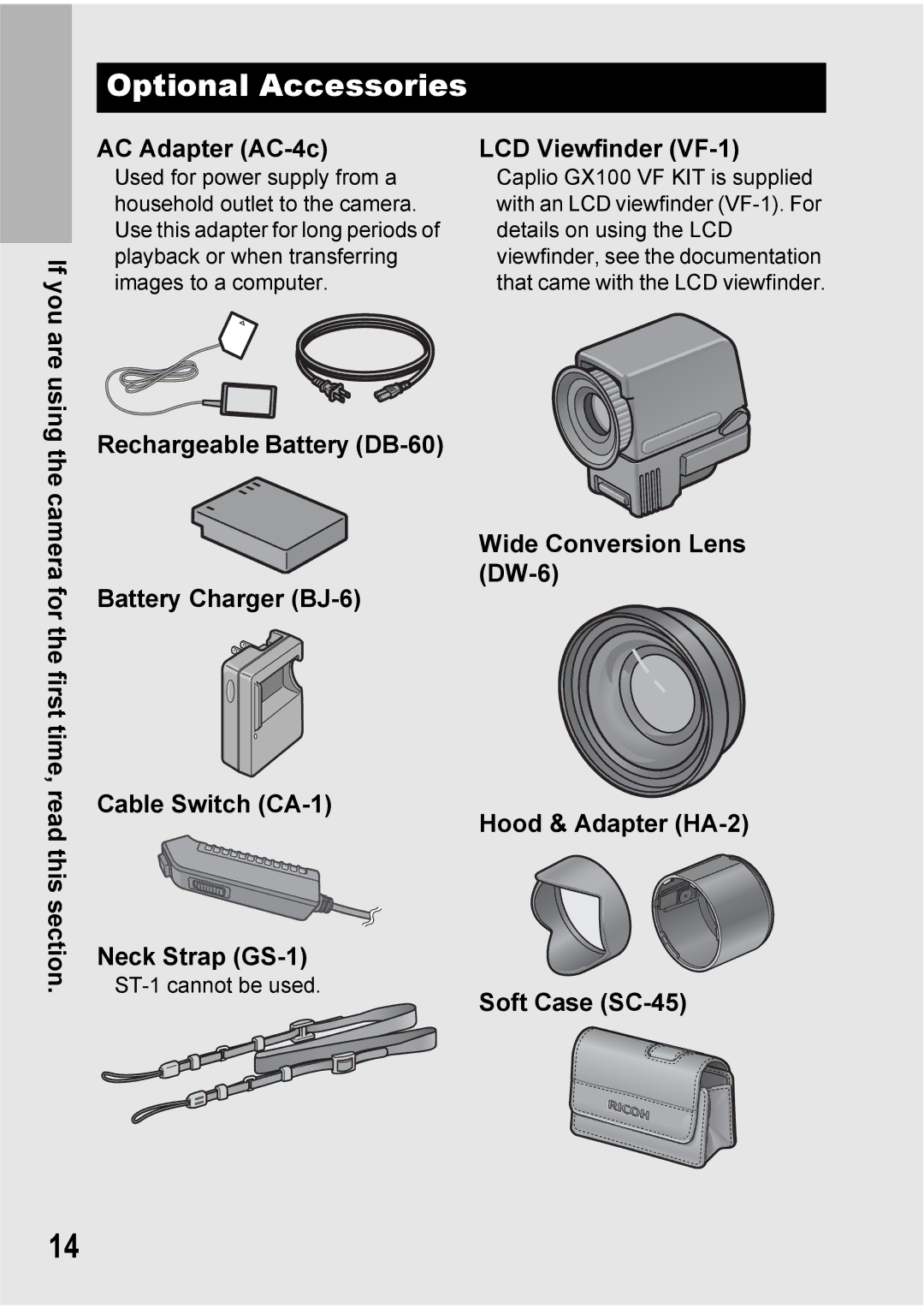 Ricoh GX100VF manual Optional Accessories, AC Adapter AC-4c LCD Viewfinder VF-1, Soft Case SC-45 