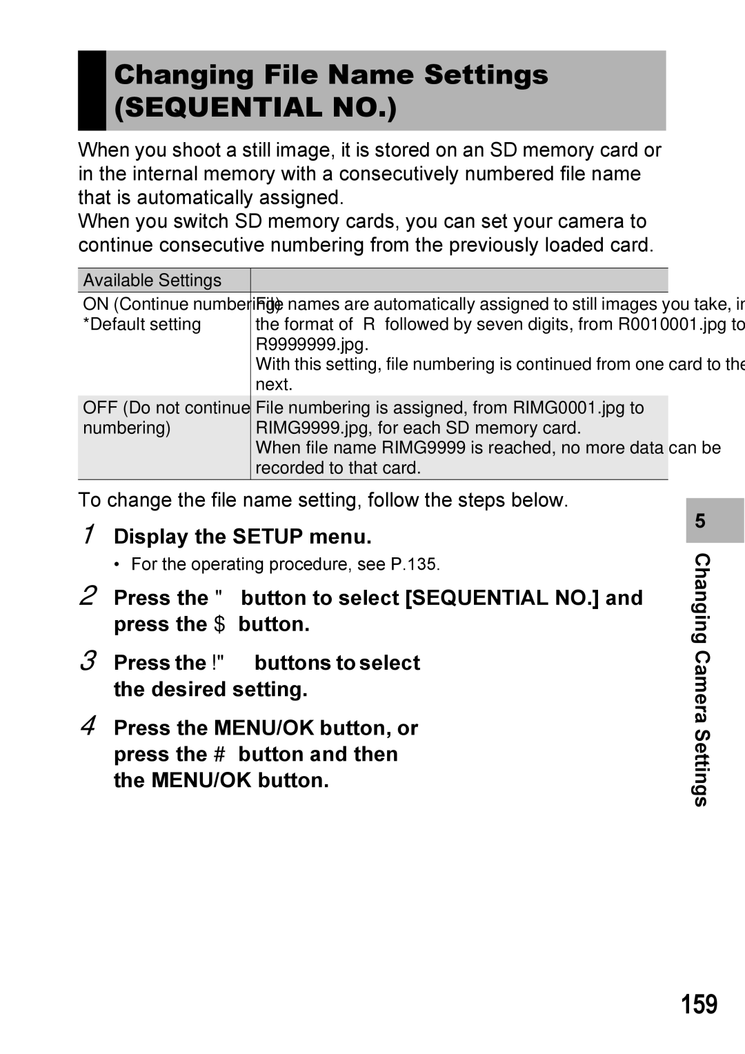 Ricoh GX100VF manual Changing File Name Settings Sequential no, 159 