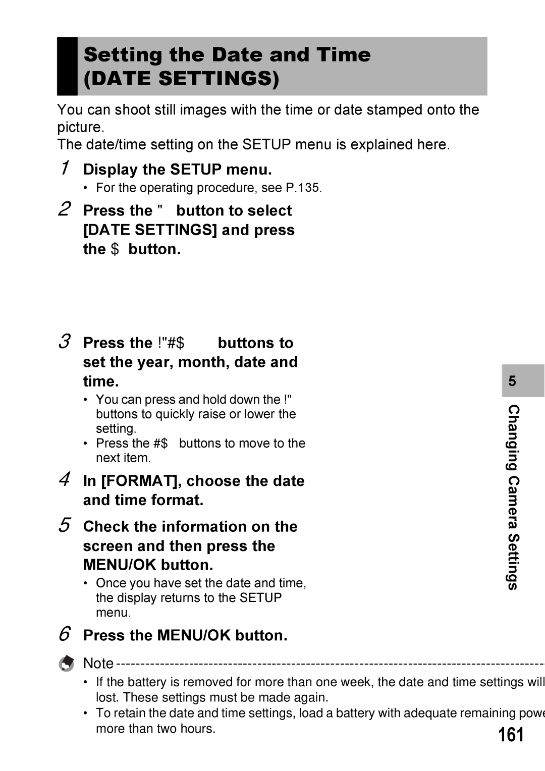 Ricoh GX100VF manual Setting the Date and Time, Date Settings, 161 