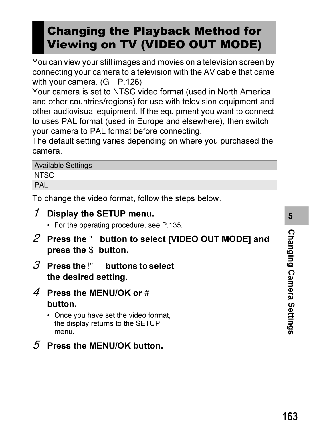 Ricoh GX100VF manual 163, Press the MENU/OK or # button, Ntsc PAL 