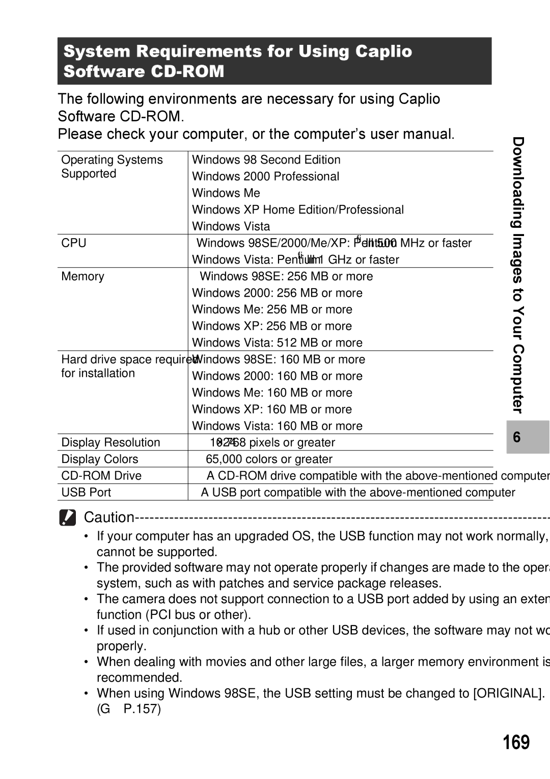 Ricoh GX100VF manual 169, System Requirements for Using Caplio Software CD-ROM 