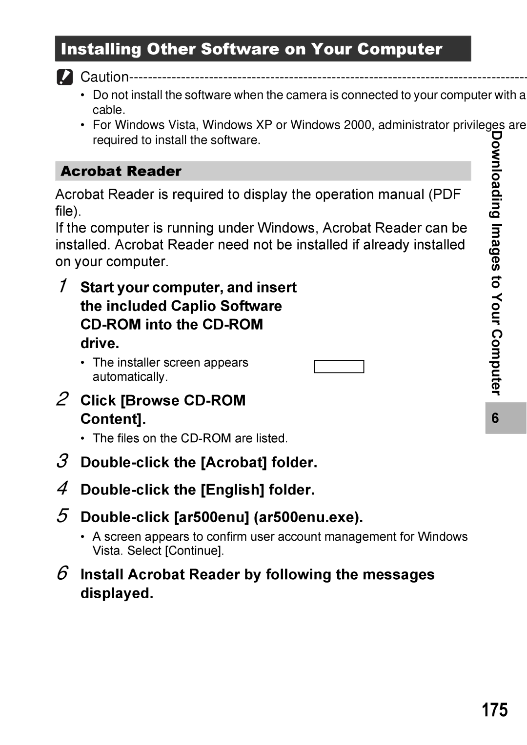 Ricoh GX100VF manual 175, Installing Other Software on Your Computer, Click Browse CD-ROM Content, Acrobat Reader 