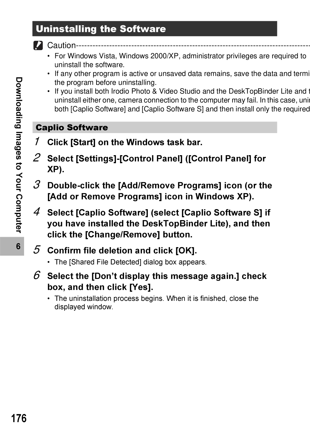 Ricoh GX100VF manual 176, Uninstalling the Software 