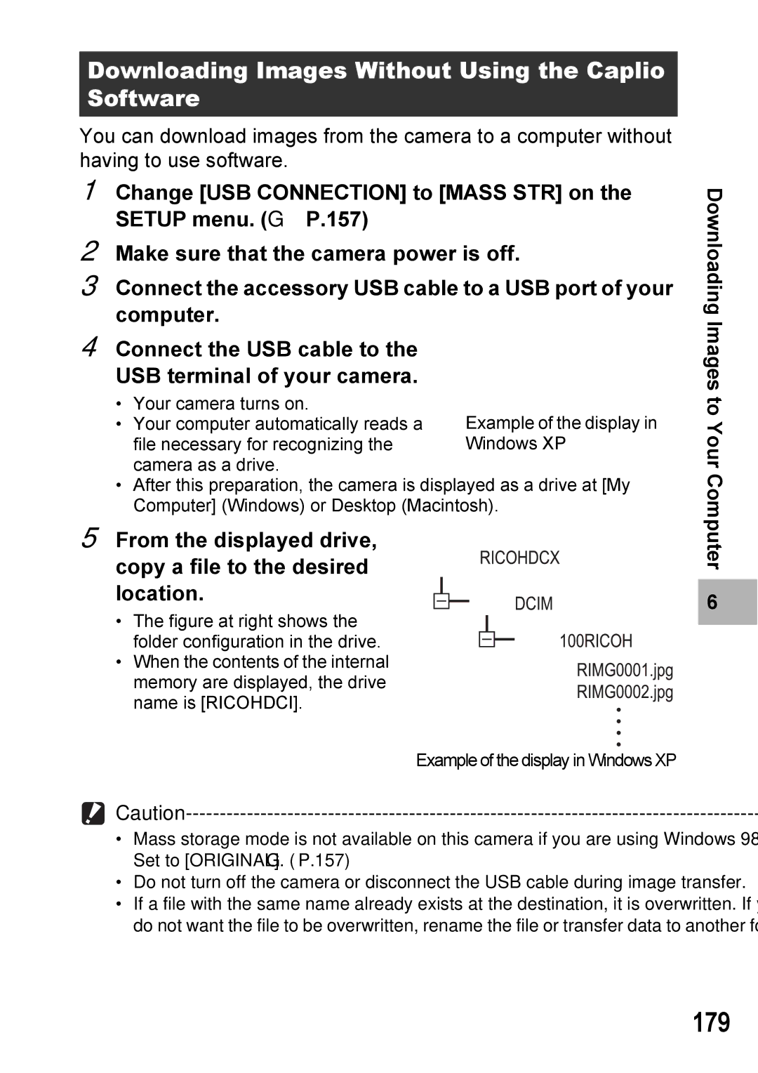 Ricoh GX100VF manual 179, Downloading Images Without Using the Caplio Software 