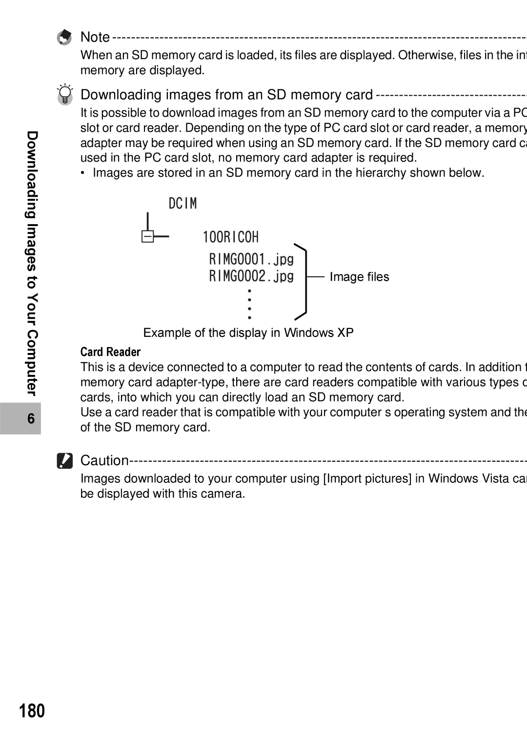 Ricoh GX100VF manual 180, Downloading images from an SD memory card 