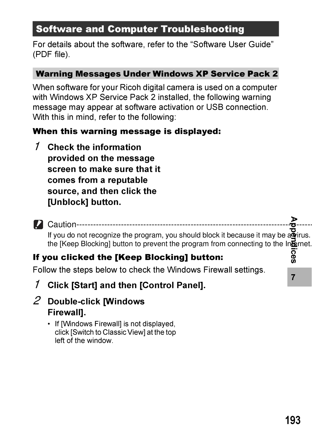 Ricoh GX100VF manual 193, Software and Computer Troubleshooting, When this warning message is displayed 