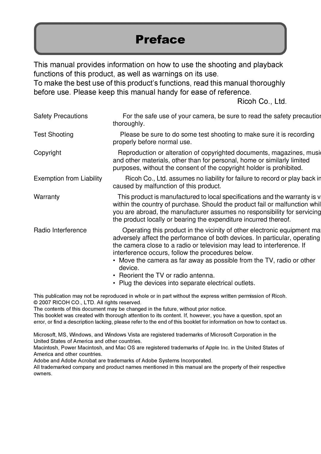 Ricoh GX100VF manual Preface, Plug the devices into separate electrical outlets 