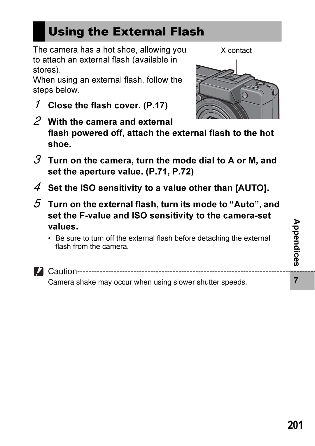 Ricoh GX100VF manual Using the External Flash, 201 