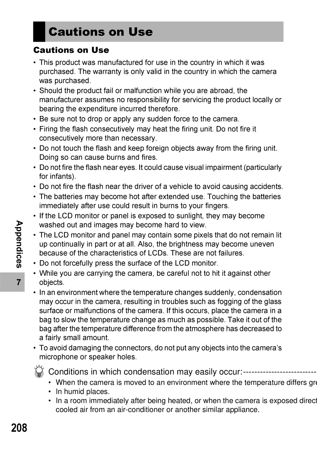 Ricoh GX100VF manual 208, Conditions in which condensation may easily occur 