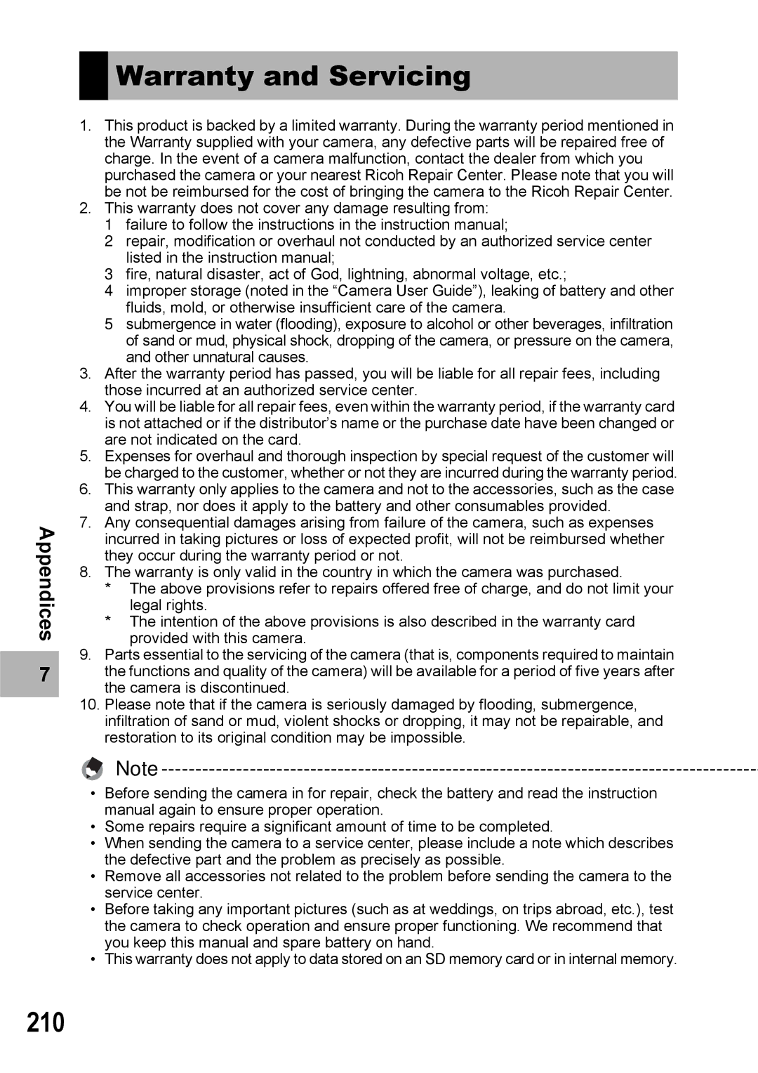 Ricoh GX100VF manual Warranty and Servicing, 210 
