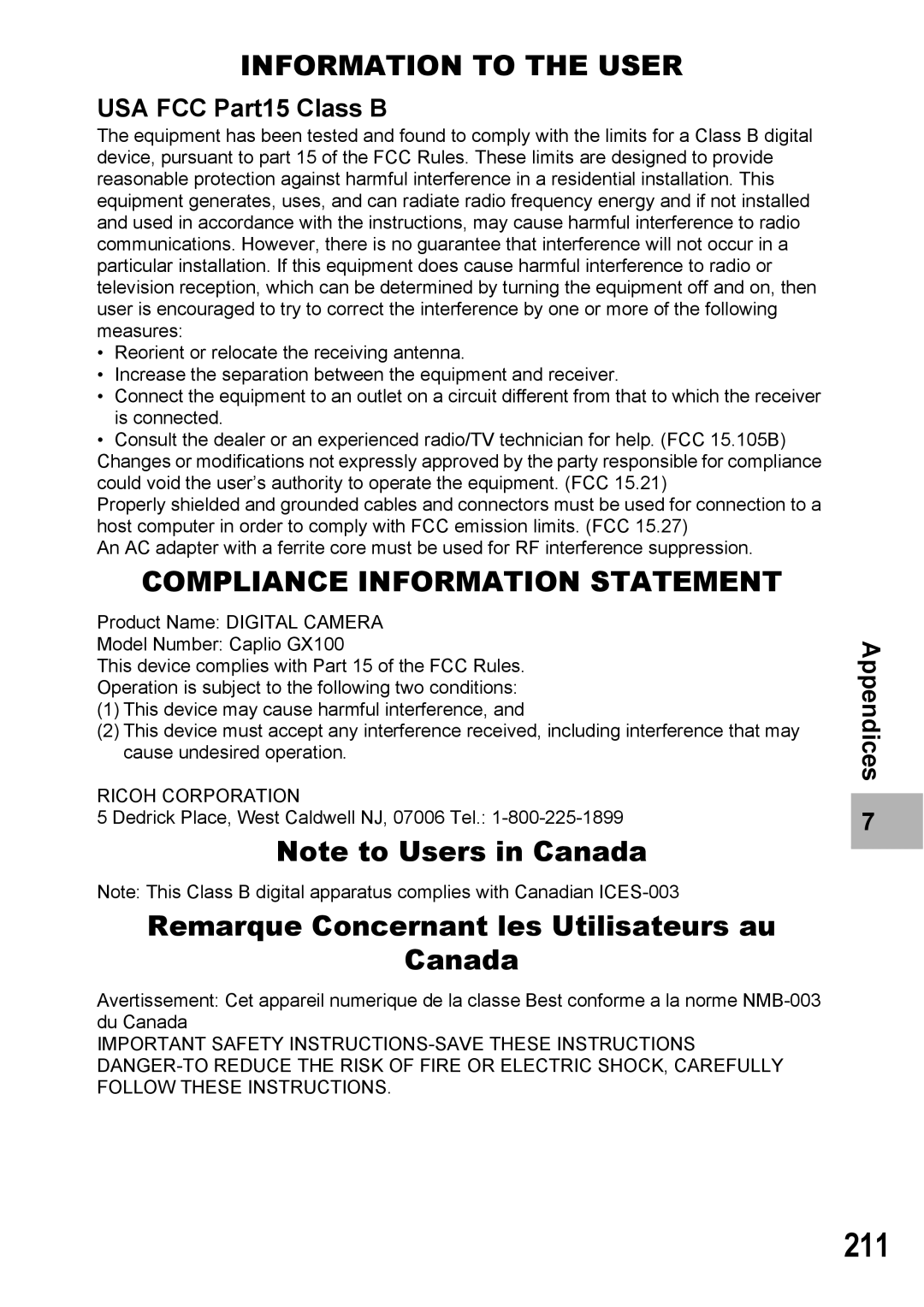 Ricoh GX100VF manual 211, Remarque Concernant les Utilisateurs au Canada, USA FCC Part15 Class B 