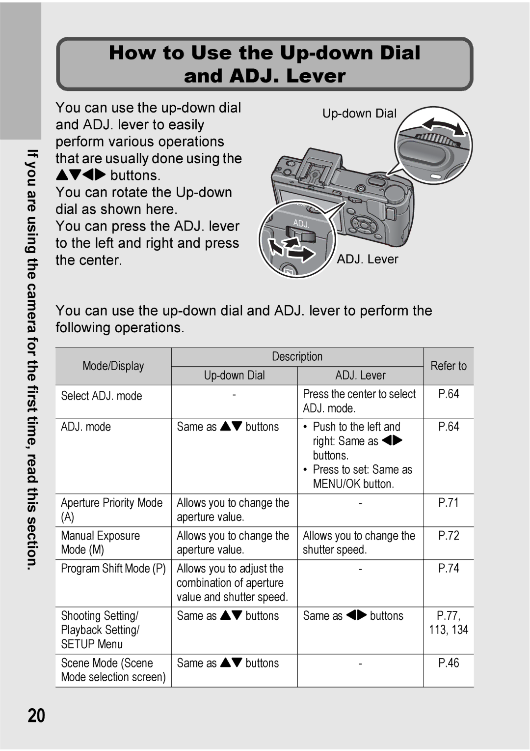 Ricoh GX100VF manual How to Use the Up-down Dial ADJ. Lever, If you are using, Camera for the first time, read this section 