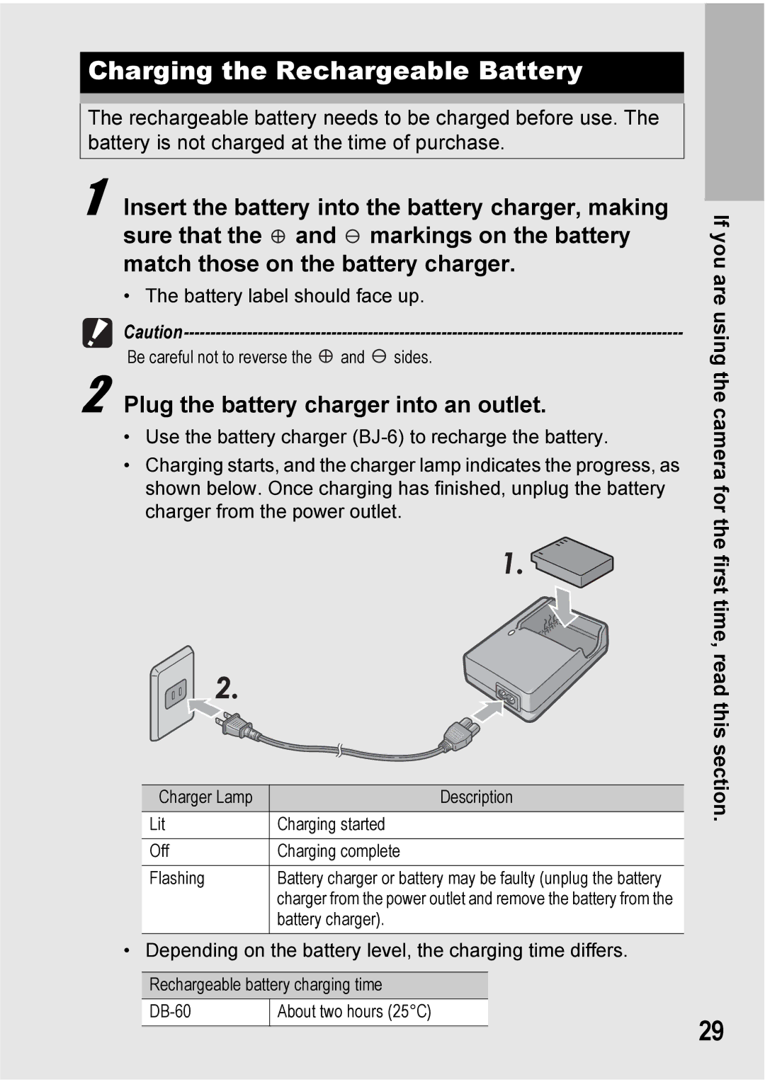 Ricoh GX100VF manual Charging the Rechargeable Battery, Plug the battery charger into an outlet 