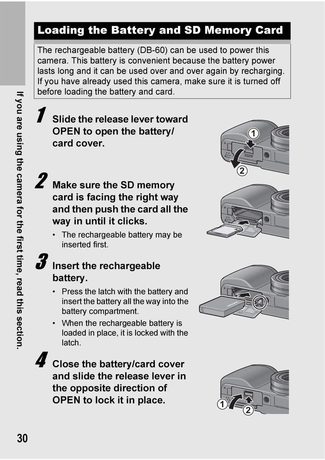 Ricoh GX100VF manual Loading the Battery and SD Memory Card, Insert the rechargeable battery 