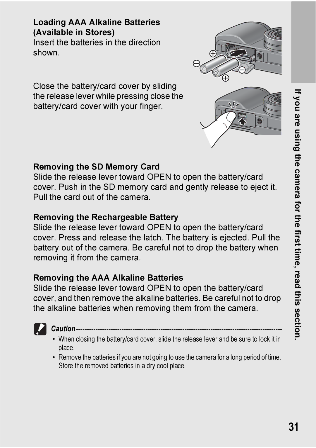 Ricoh GX100VF manual Loading AAA Alkaline Batteries Available in Stores, Removing the SD Memory Card 