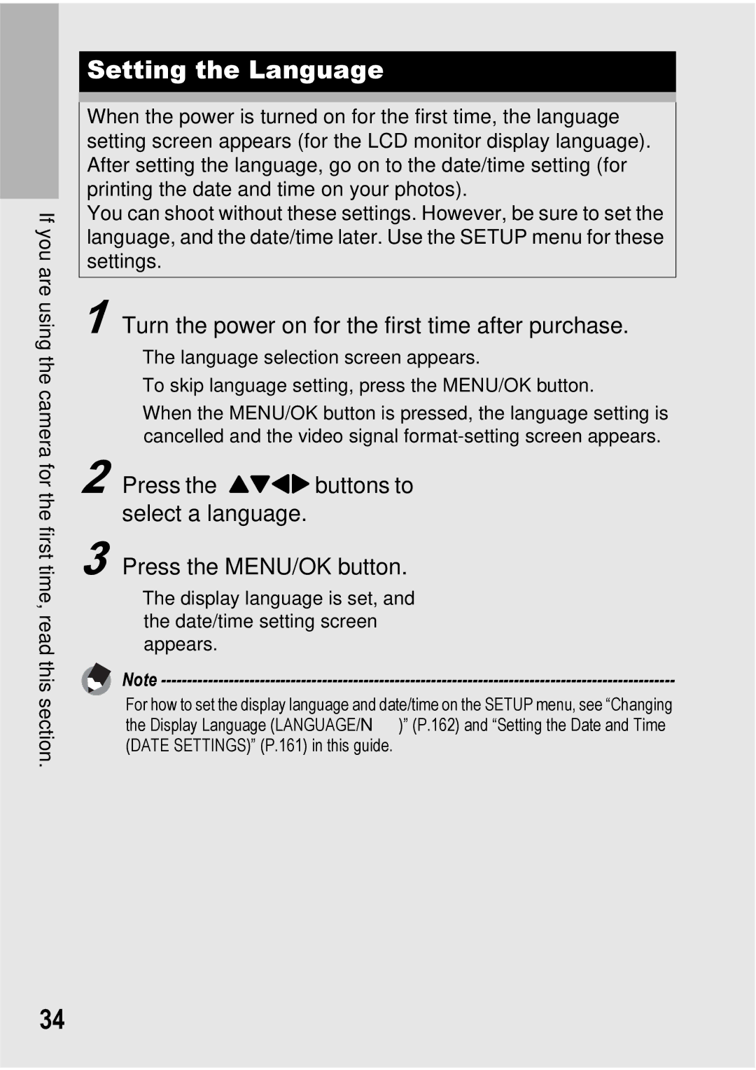 Ricoh GX100VF manual Setting the Language, Turn the power on for the first time after purchase 