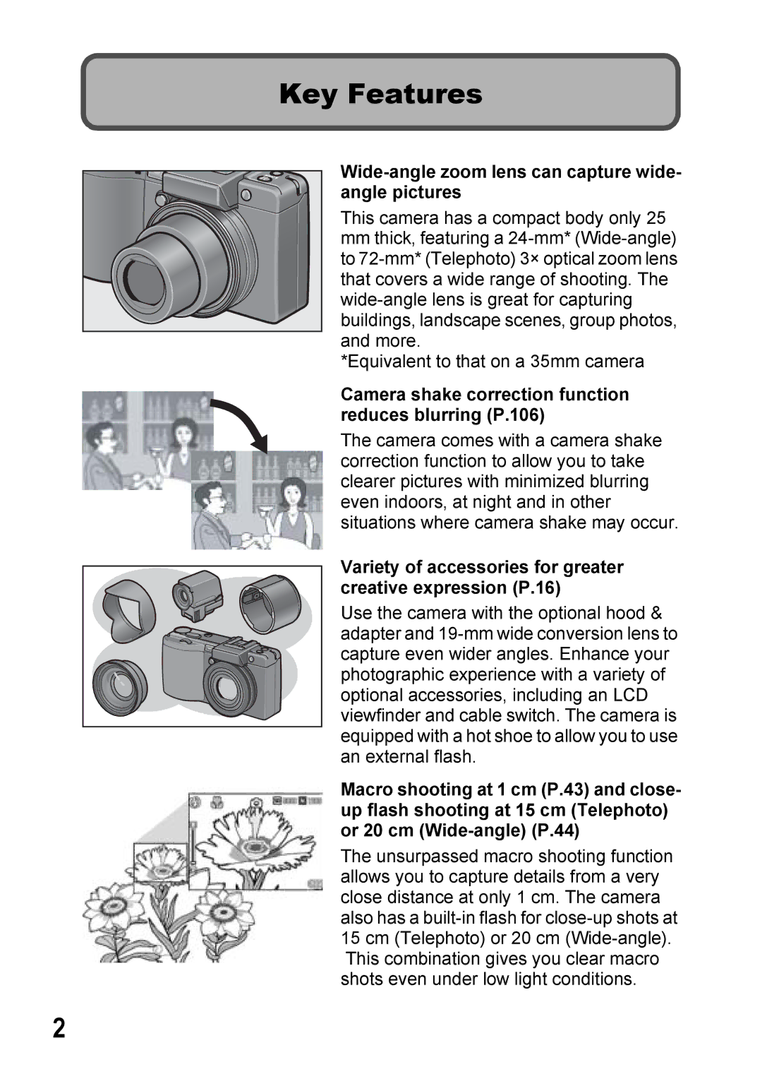 Ricoh GX100VF manual Key Features, Wide-angle zoom lens can capture wide- angle pictures 