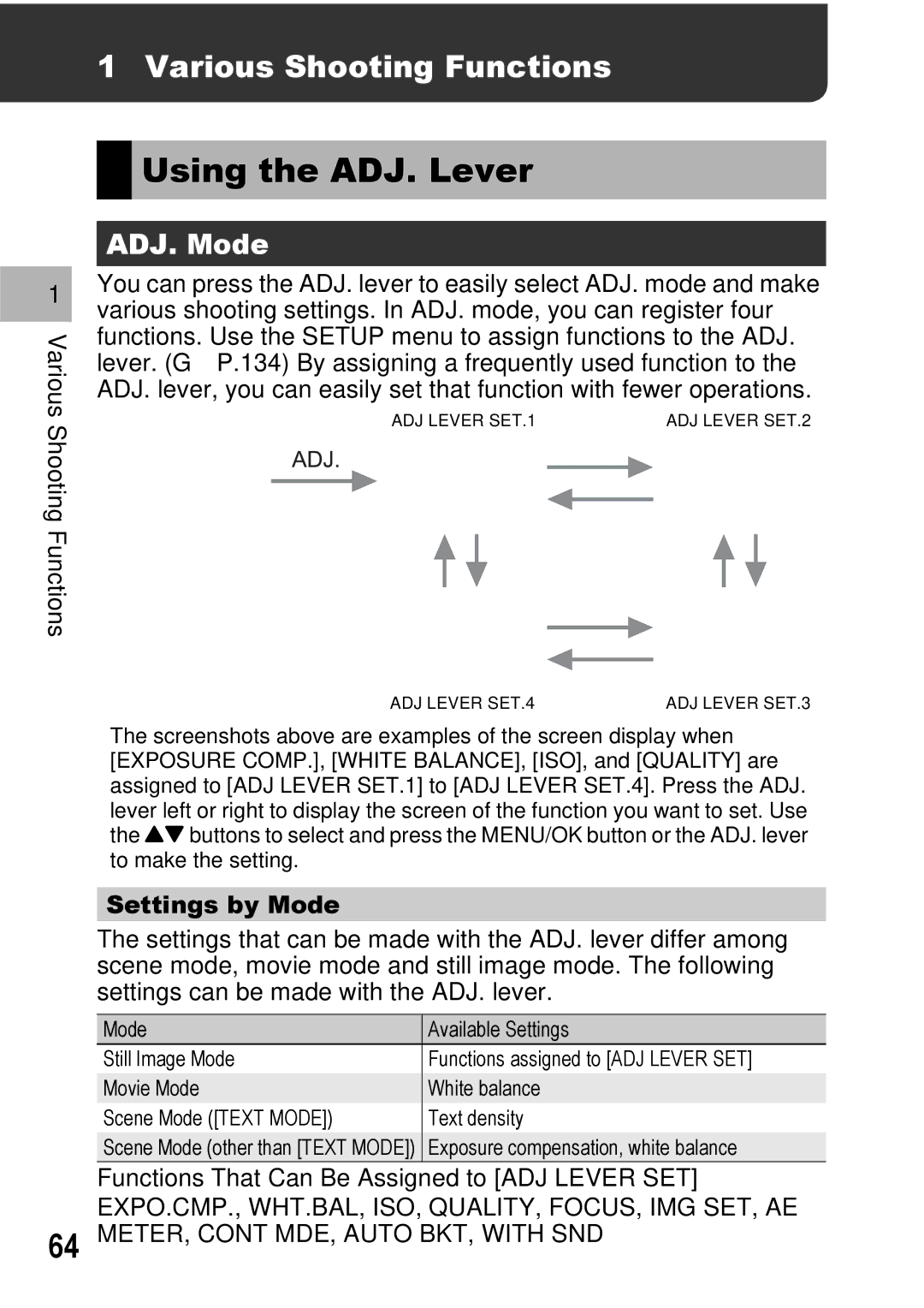 Ricoh GX100VF manual Using the ADJ. Lever, Various Shooting Functions, ADJ. Mode, Settings by Mode 