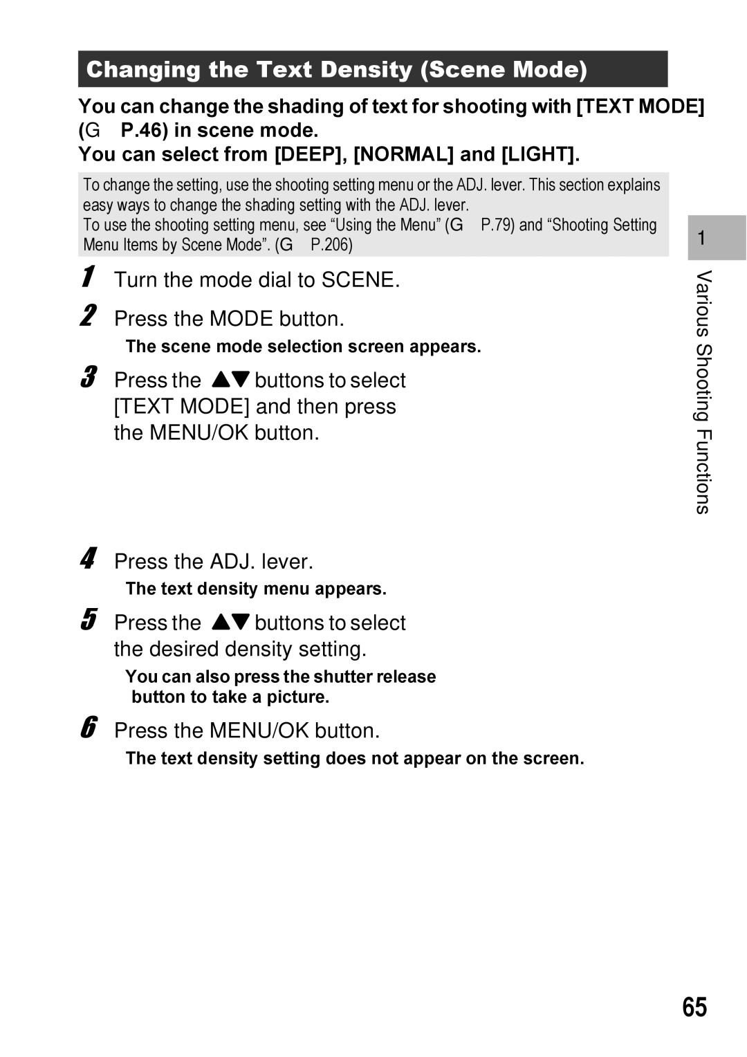 Ricoh GX100VF manual Changing the Text Density Scene Mode, Turn the mode dial to Scene Press the Mode button 