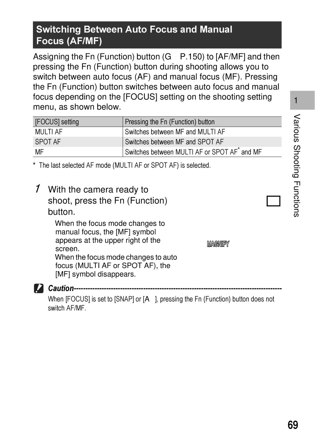 Ricoh GX100VF manual Switching Between Auto Focus and Manual Focus AF/MF, Multi AF, Spot AF 