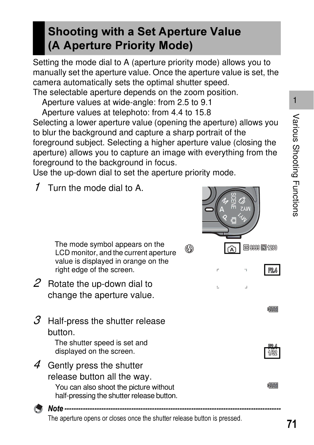 Ricoh GX100VF manual Shooting with a Set Aperture Value a Aperture Priority Mode, Turn the mode dial to a 