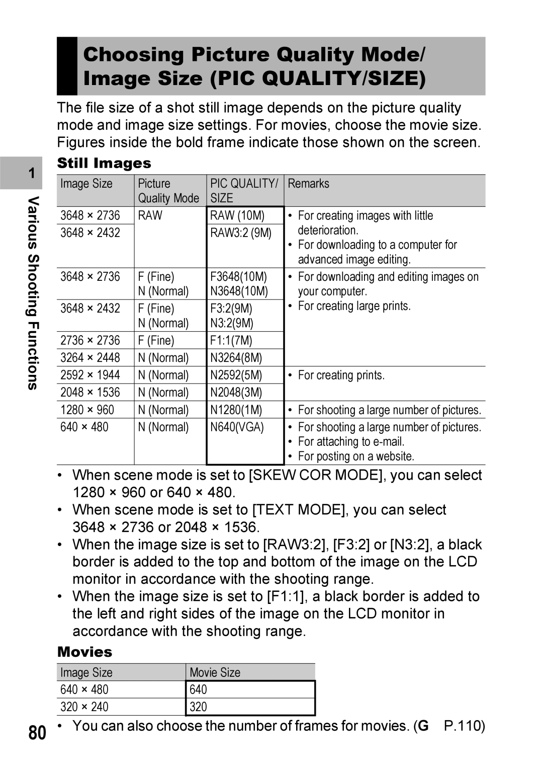 Ricoh GX100VF manual Choosing Picture Quality Mode/ Image Size PIC QUALITY/SIZE, Still Images, Movies 