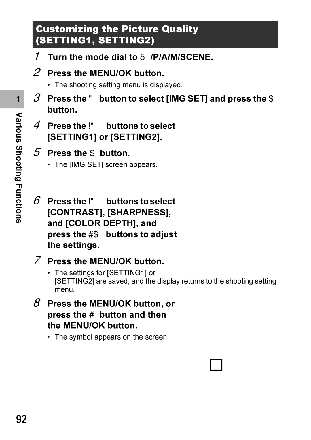 Ricoh GX100VF manual Customizing the Picture Quality SETTING1, SETTING2 