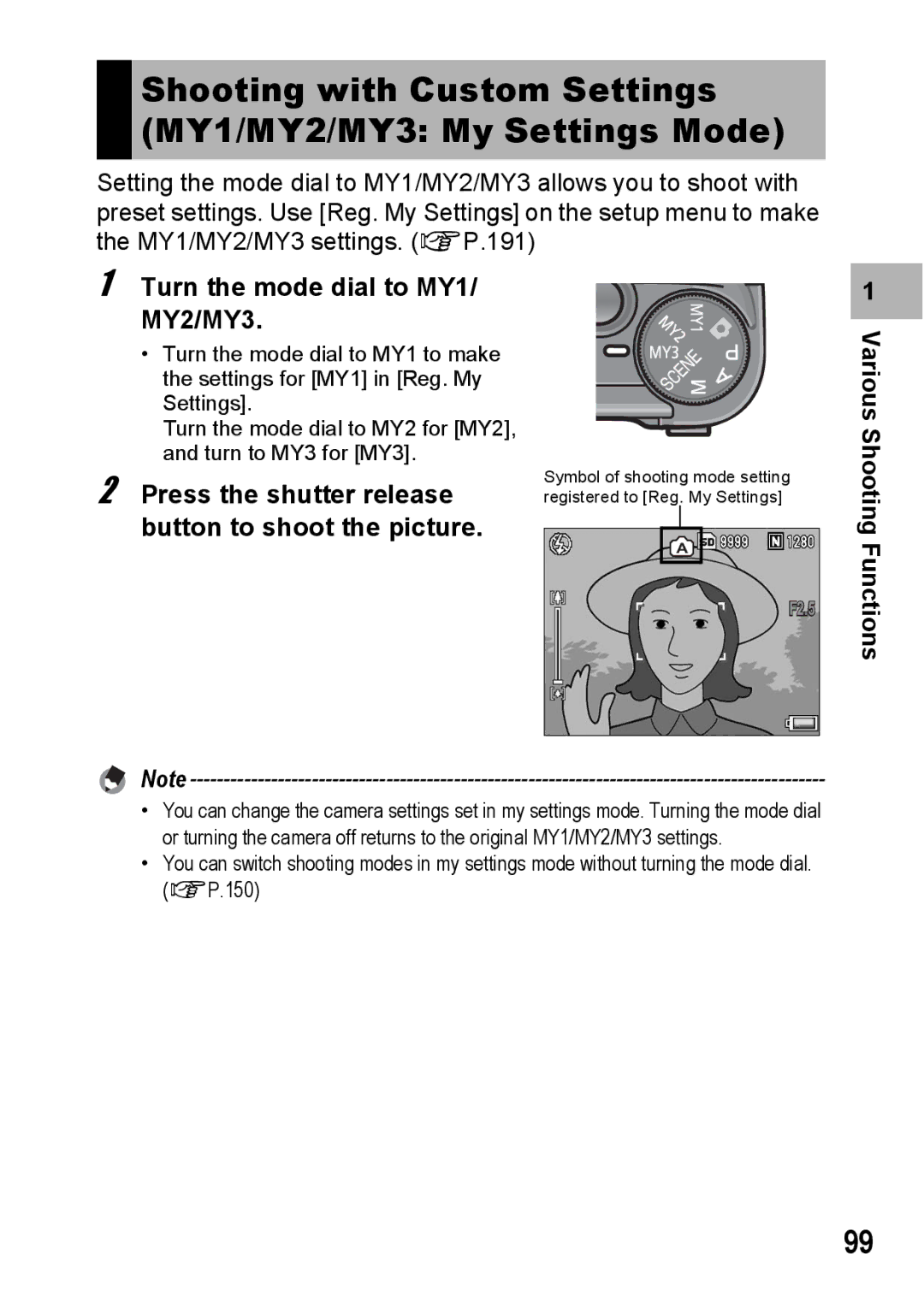 Ricoh GX200 VF KIT manual Shooting with Custom Settings MY1/MY2/MY3 My Settings Mode, Turn the mode dial to MY1/ MY2/MY3 