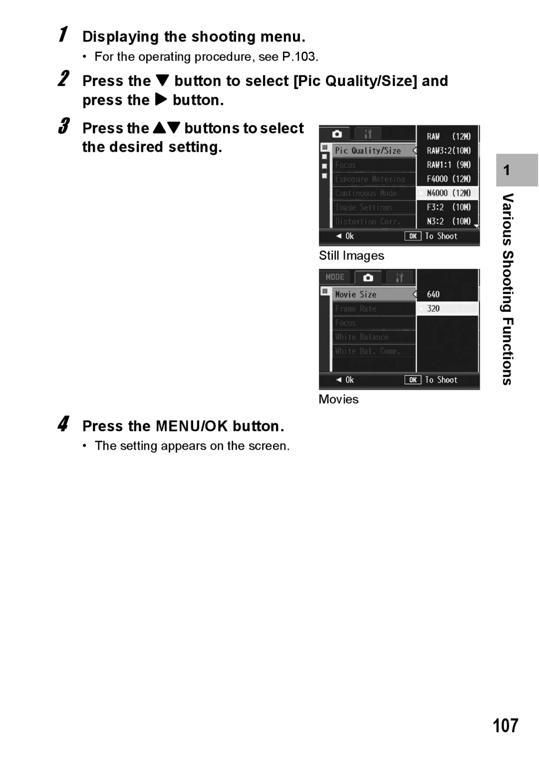 Ricoh GX200 VF KIT manual 107, Displaying the shooting menu 