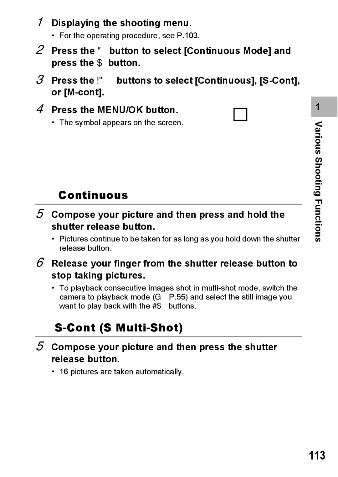 Ricoh GX200 VF KIT manual 113, Continuous 