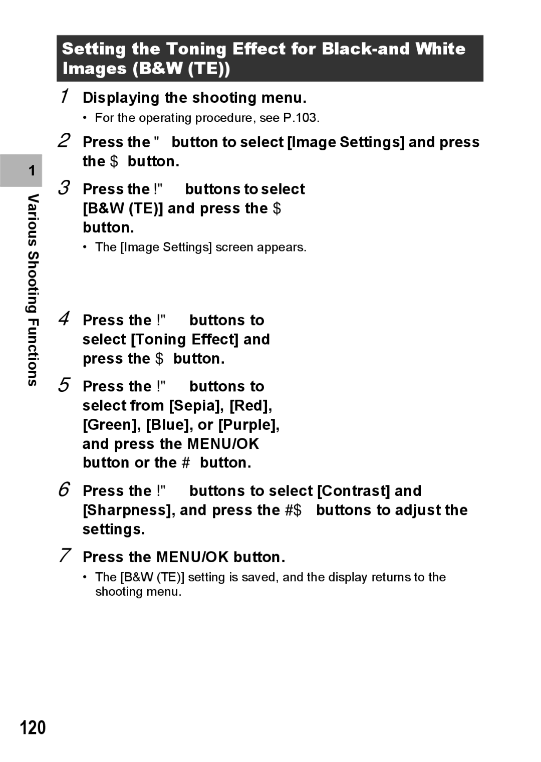 Ricoh GX200 VF KIT manual 120, Setting the Toning Effect for Black-and White Images B&W TE 