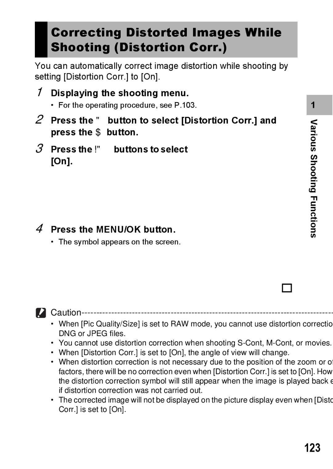 Ricoh GX200 VF KIT manual Correcting Distorted Images While Shooting Distortion Corr, 123 