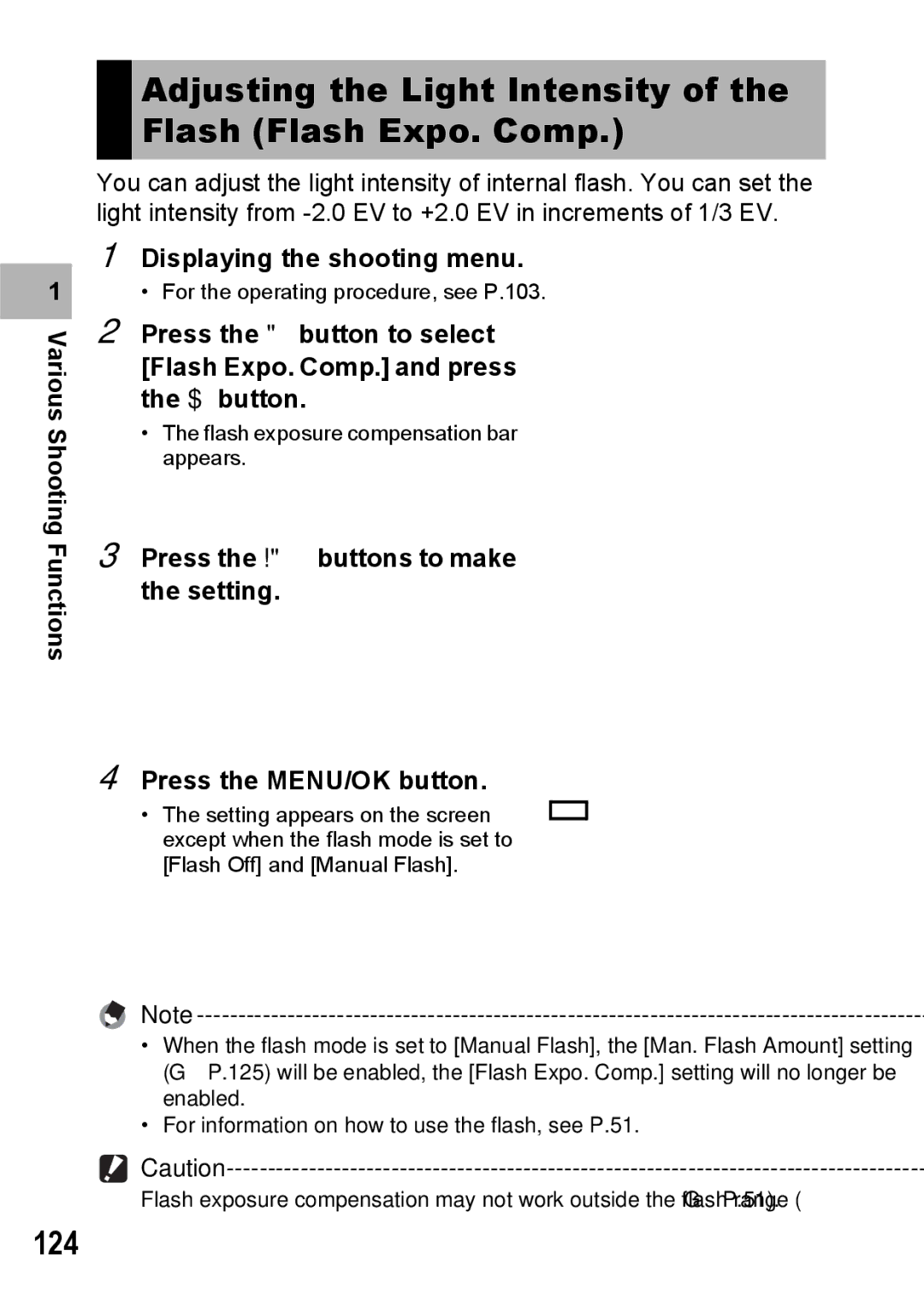 Ricoh GX200 VF KIT manual Adjusting the Light Intensity of the Flash Flash Expo. Comp, 124 