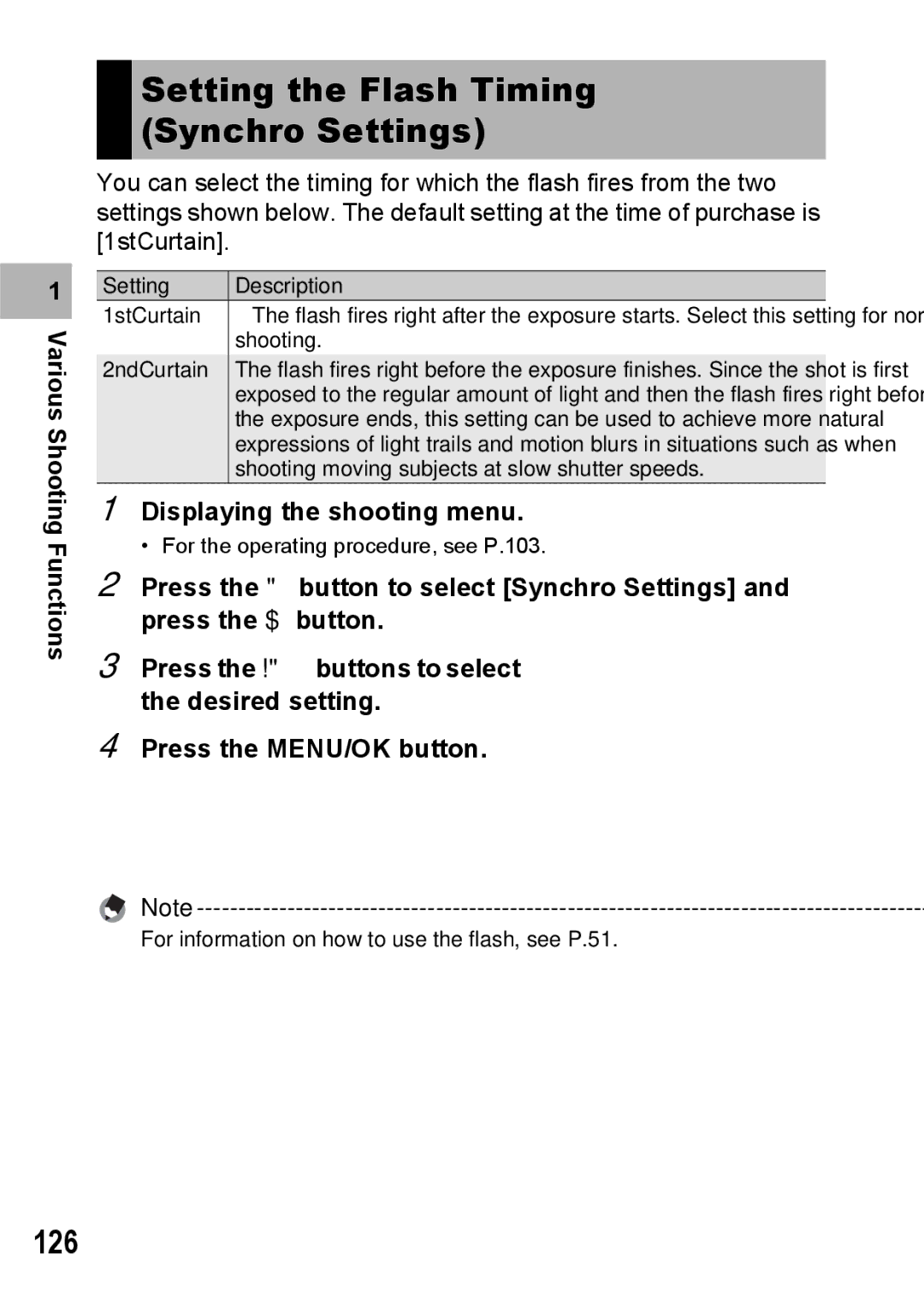 Ricoh GX200 VF KIT manual Setting the Flash Timing Synchro Settings, 126 