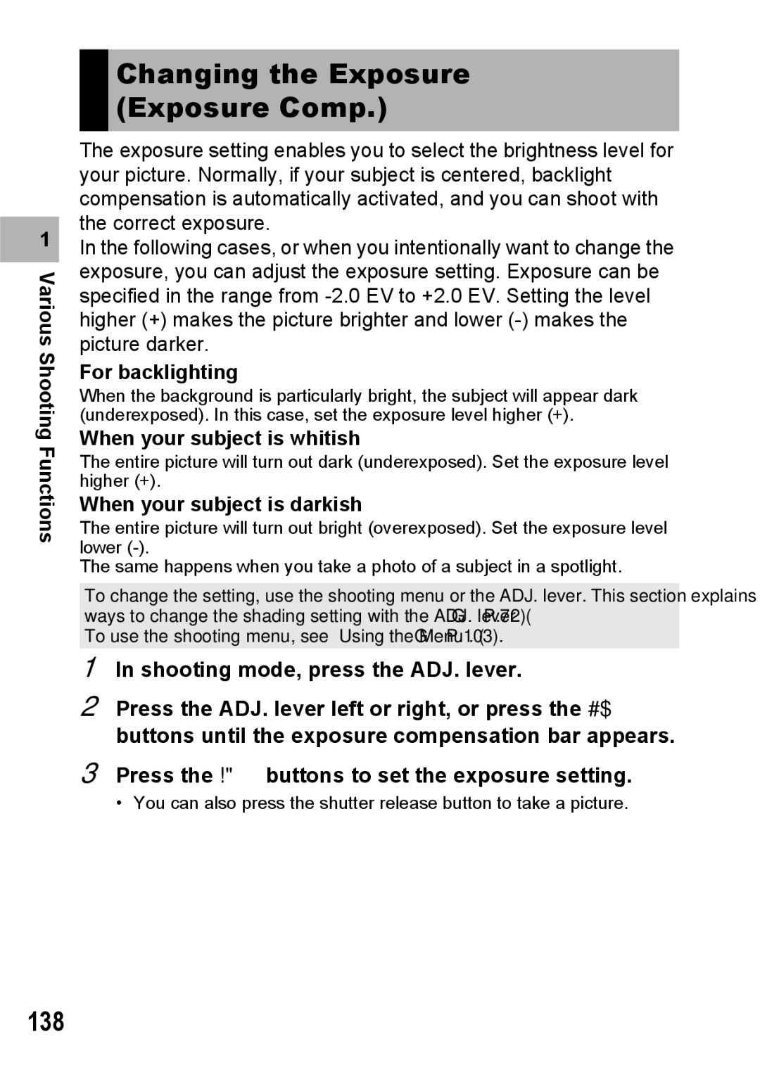 Ricoh GX200 VF KIT manual Changing the Exposure Exposure Comp, 138 