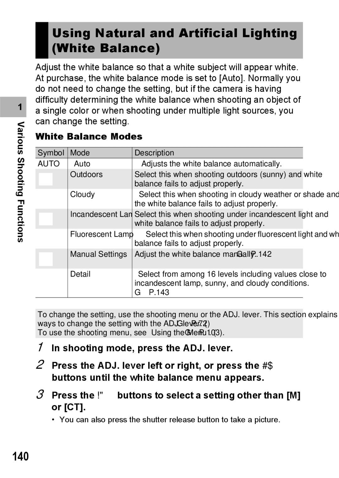 Ricoh GX200 VF KIT manual Using Natural and Artificial Lighting White Balance, 140, White Balance Modes 