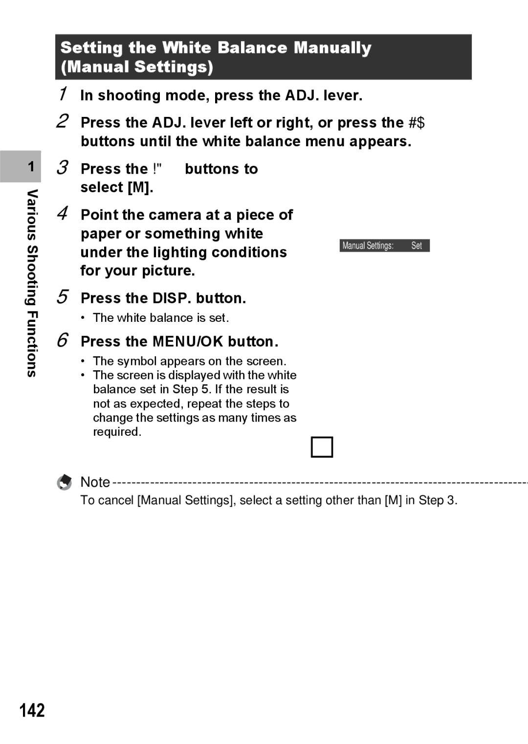 Ricoh GX200 VF KIT manual 142, Setting the White Balance Manually Manual Settings, Functions Press the MENU/OK button 