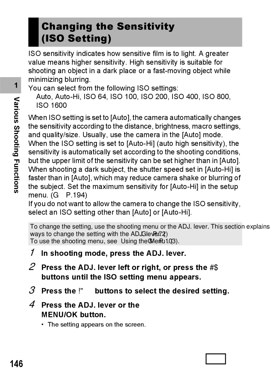 Ricoh GX200 VF KIT manual Changing the Sensitivity ISO Setting, 146 