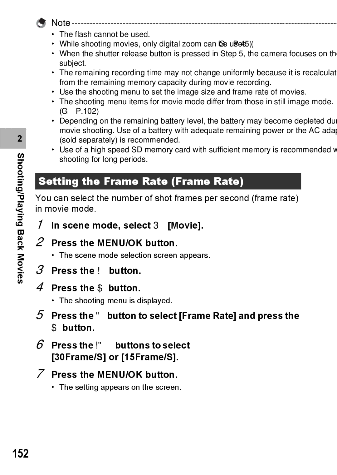 Ricoh GX200 VF KIT manual 152, Setting the Frame Rate Frame Rate, Scene mode, select 3 Movie Press the MENU/OK button 